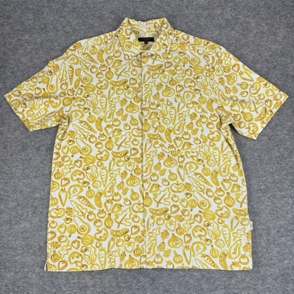 Ted Baker London Button Down Shirt Vegetable Print Yellow Mens 4 L